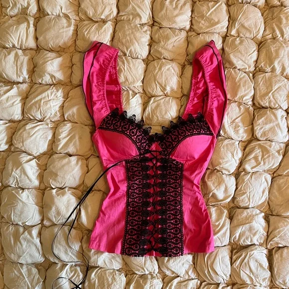 Vintage Y2K Sexy Pink Blouse with Black Lace - Picture 2 of 4